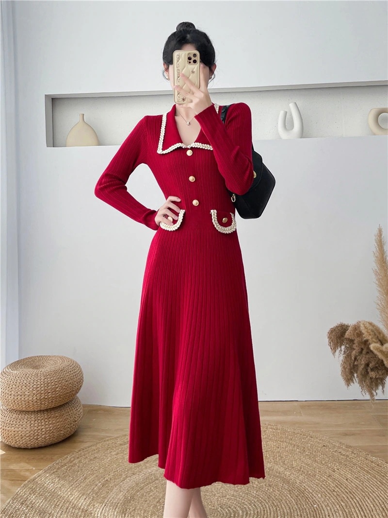 長袖ニットワンピース子供秋冬新作フレンチティーブレークウエスト薄いAラインロングスカート内の小さな香水スタイル 4,893円