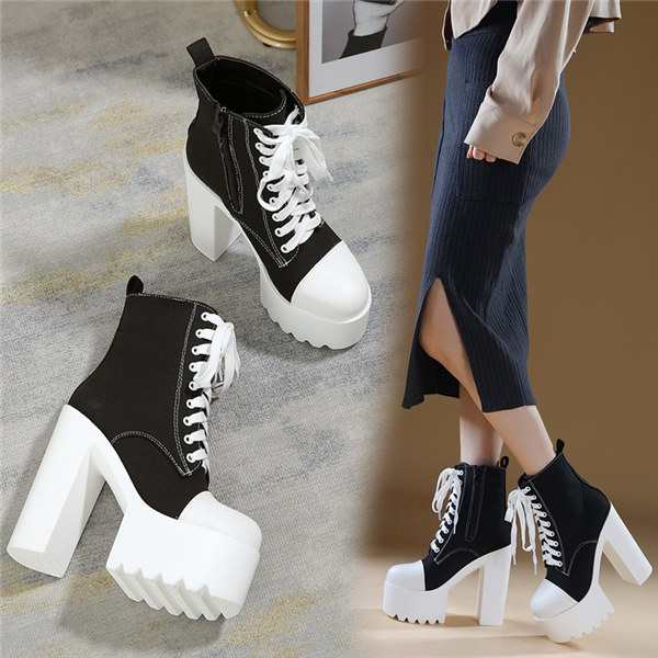 ロングブーツ 編み上げ 厚底ロングブーツ サイドジッパー レースアップブーツ 大きいサイズ サイドジップ 美脚 カジュアルシューズ ブラ16cm 14.5cm 12cm 10cm