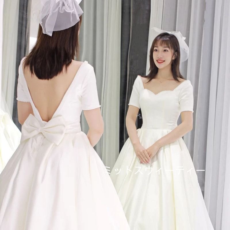 リゾートドレス ウェディングドレス フォトウエディング 旅行 半袖 背中開き リボン 後撮り 結婚式 花嫁 半袖 大人 ウエディングドレス 二次会 ブライダル