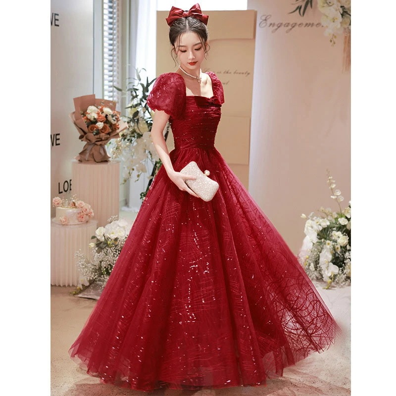 ゲストドレス ワイン赤 結婚式ドレス 二次会ドレス パフスリーブ リボン 可愛い キラキラ キレイめ ロングドレス 結婚式 二次会 ワインレッド パーティードレス 成人式ドレス XS S M L XL