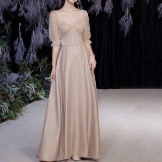 ワンピース パーティー 結婚式 二次会 披露宴 演奏会 発表会 フォーマル ロング マキシ 5分袖 ラウンドネック 襟なし スレンダー タイト スリム ストレート 細身 チュール 切り替えデザイン