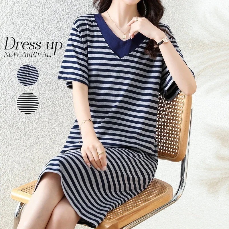 純綿 ワンピース ロングワンピース Tシャツミワンピース 半袖 春夏 日常 ストライプ ストライプワンピース 痩せ見えレジャー スポーツ 着やせ オフィス 大人 高級 綿 薄手 ふんわ フォーマル お