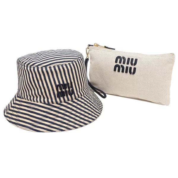 帽子 リバーシブルハット ポーチ リストレット ストライプ ベージュ ブルー レディース MIU MIU 5RM030 2CQQ F0Z12 49,680円