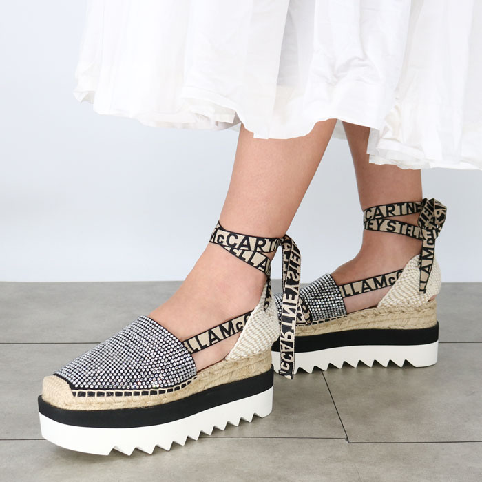 810208 E00096 ガイア クリスタル プラットフォームサンダル エスパドリーユ アンクルストラップ ロゴリボンレースアップ
