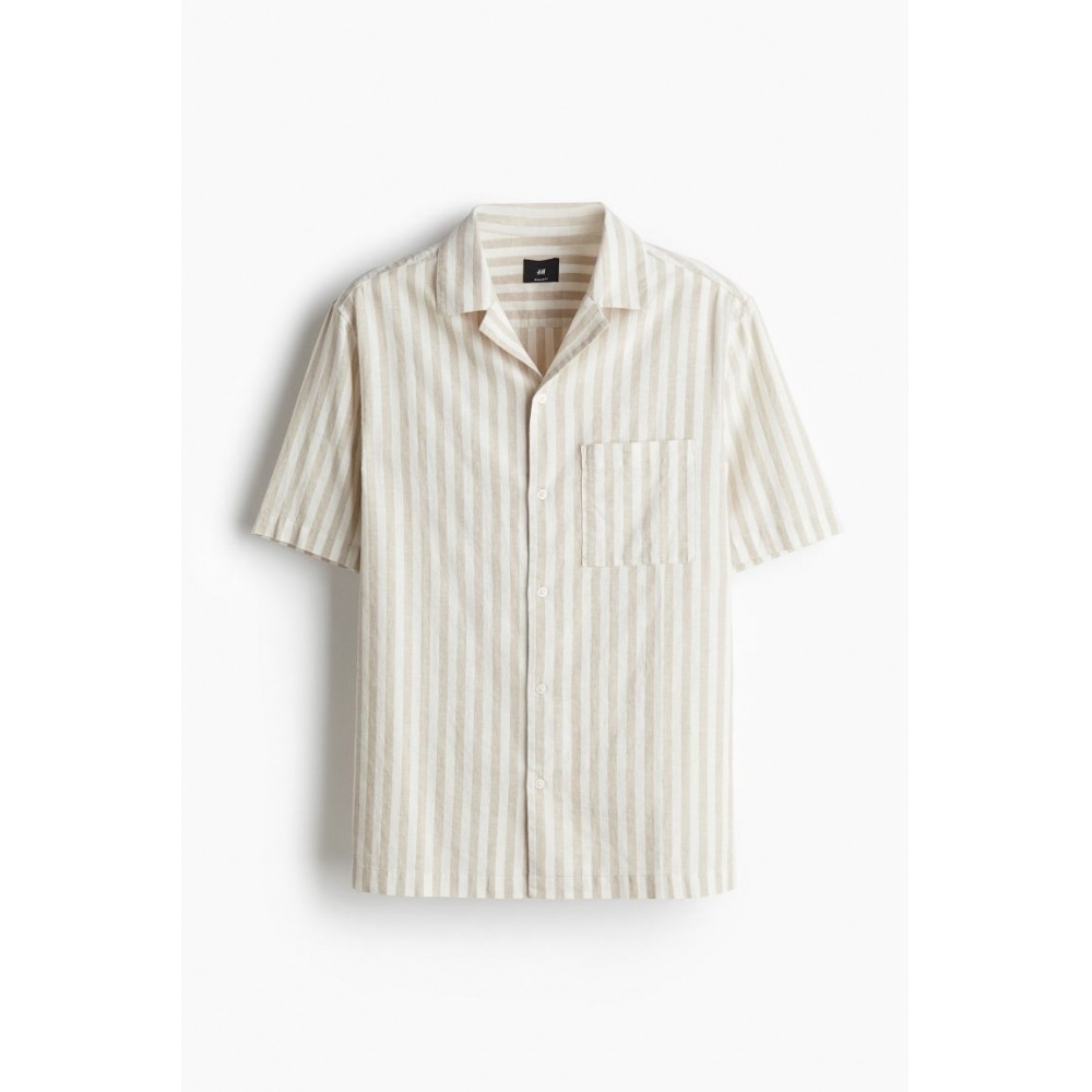 H&M レギュラーフィット半袖リネンブレンドシャツベージュ/ホワイトストライプ