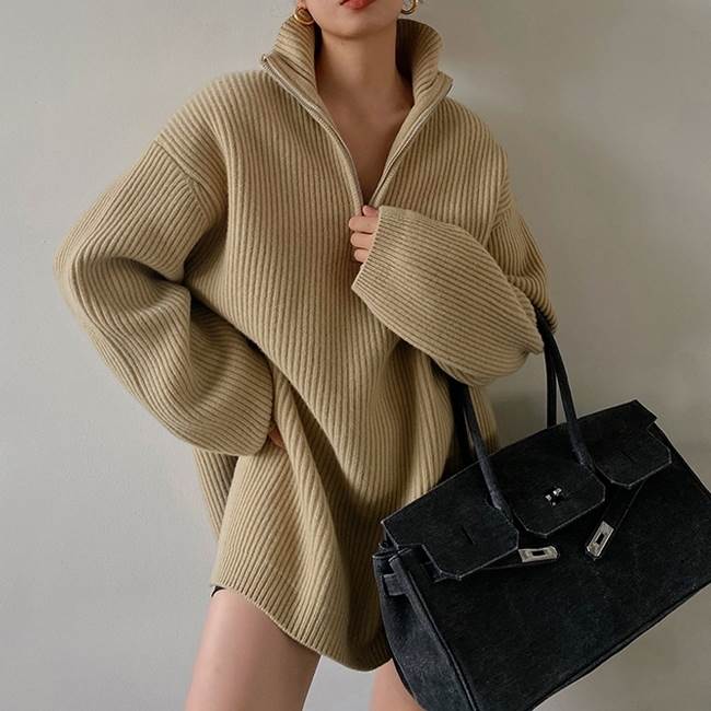 クーポン有ハーフジップ オーバーサイズ ストリート レディース トップス ニット セーター チュニック 前開き ミディアム ミニ ショート 膝上 長袖 ボリューム袖 萌袖 ハイネック タートルネック 5,699円