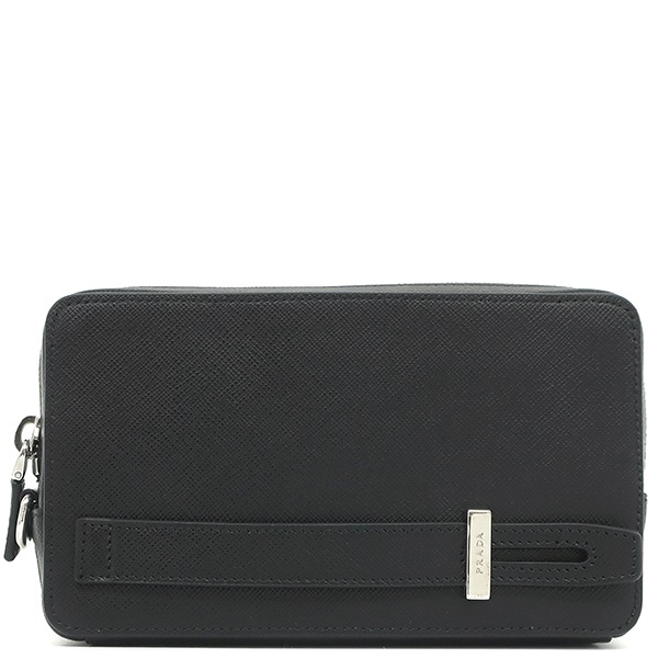 プラダ PRADA ポーチ ロゴ スマホポーチ サフィアーノレザー NERO シルバー金具 クラッチバッグ セカンドバッグ 黒 2ZH064 【箱】【中古】