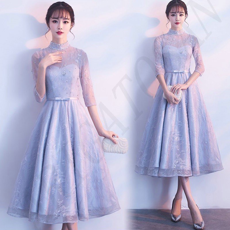 パーティードレス 袖あり 結婚式ドレス ウエディングドレス レース 大きいサイズ 大人 可愛い 着痩