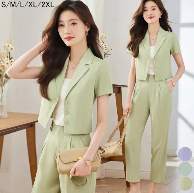 新品登場サマースーツ 入学/卒業式 カジュアルスーツ 可愛い 夏用 上品 通勤 リクルートスーツ アップ ビジネススーツ 2点 レディース 短袖 ジャケット+パンツ ママスーツ OL カジュアルスーツ