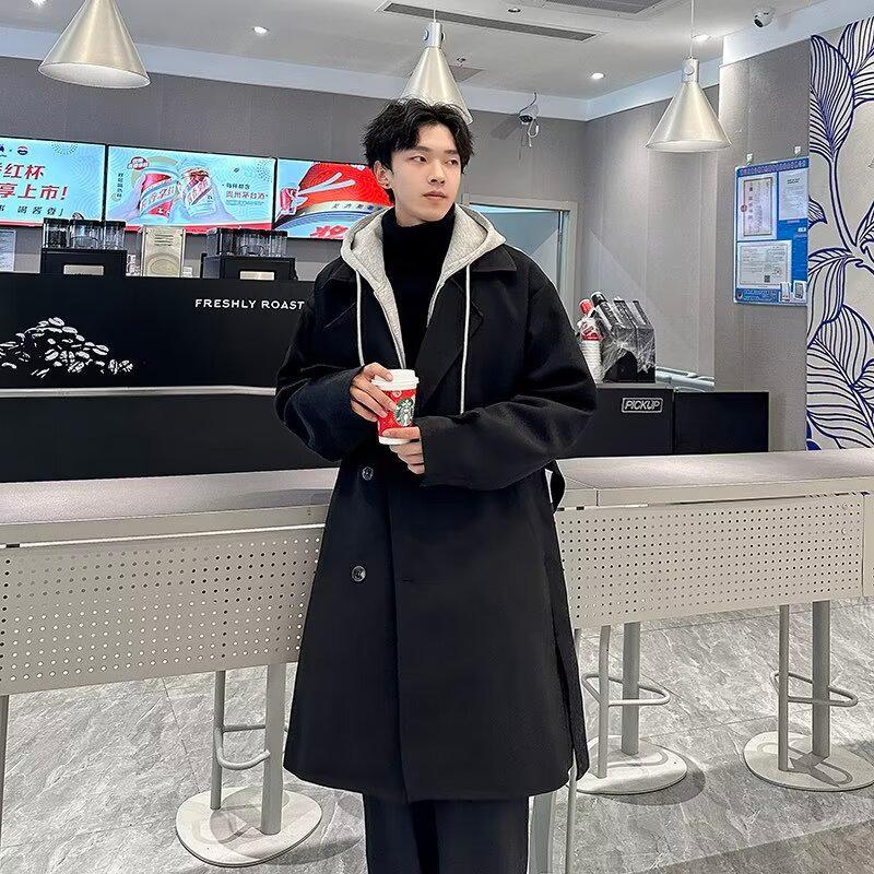 メンズファッション 人気アウター 新しい香港スタイルの秋と冬服百ロングセクションフード付きジャケットメンズ膝丈トレンチコートツイードコートと