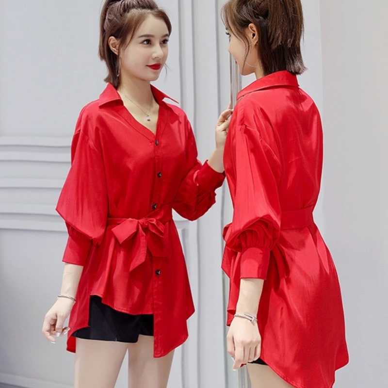 【1つ買うと10つ無料】女性のための赤いシフォンシャツ2025スプリングホワイトシャツをカバーするベリーベルトミッドレングスファッショナブルで多用途