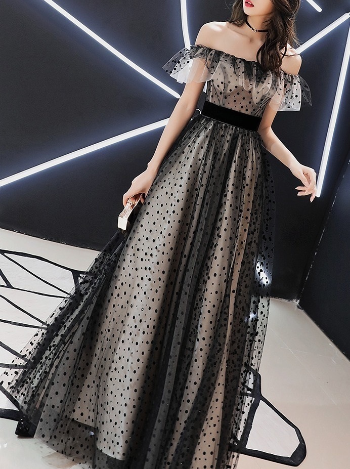 パーティードレス オフショルダー ドット 水玉 フリル イブニング ロング フレア エレガント チュール パーティー 結婚式 二次会 お呼ばれ ワンピース フォーマル 2018年新作 婚活パーティー