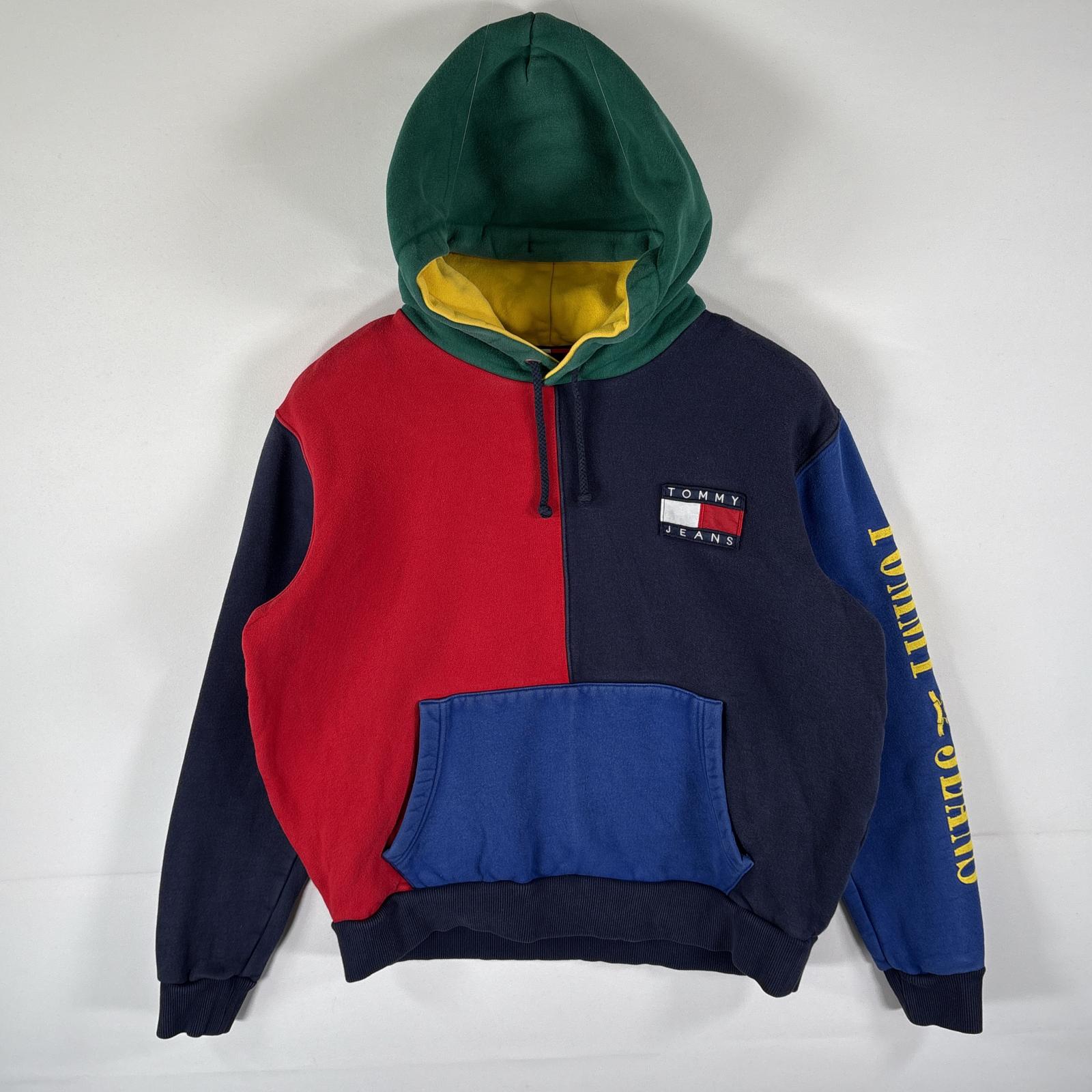 古着 トミージーンズ TOMMY JEANS パーカー マルチカラー クレイジーカラー スウェット 袖ロゴ刺繍 プルオーバー L ネイビー メンズ