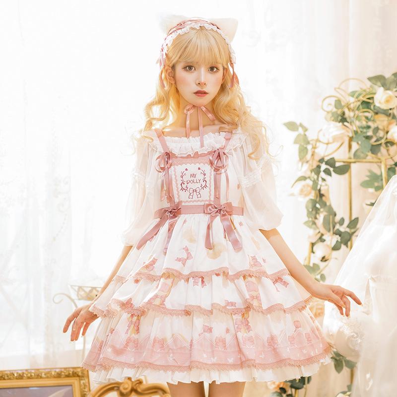 姫ロリ ロリータ ジャンパースカート 姫系 甘可愛い 3段フリル 猫 肉球 ピンク かわいい ガーリー クラシック ワンピース