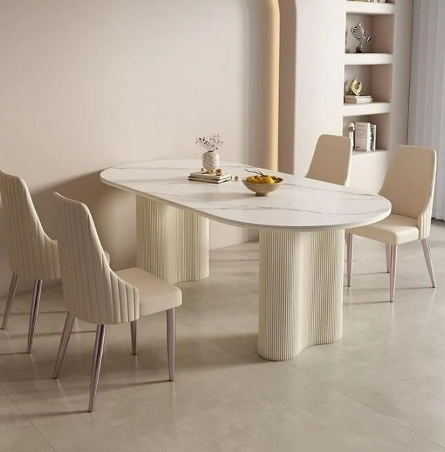 現代風テーブル　岩板テーブル　テーブル　シンプル　高質テーブル クリーム風楕円形モダンライト感食卓家庭用リビング岩板テーブル