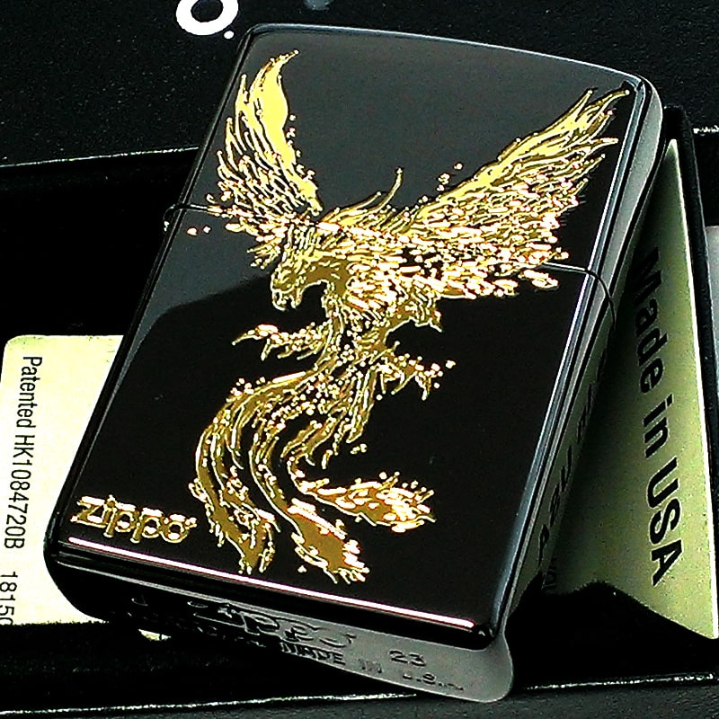 ZIPPO ライター 鳳凰 かっこいい 黒金 和柄 ブラックニッケル 金差し ジッポ ロゴ お守り 彫刻 ゴールド メンズ 御守り おしゃれ プレゼント ギフト