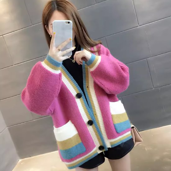 ニットカーディガン レディース カーディガン 羽織 ニット セーター 長袖 ルーズ フロントボタン Ｖネック 配色デザイン カラーブロック カラフル カジュアル お出かけ おしゃれ 厚手