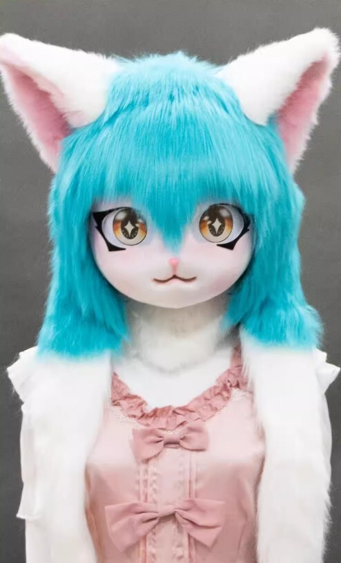 大人 可愛い 服  着ぐるみヘッド マスク ケモノ 全頭ヘッド ミントブルー 猫 コスプレ衣装