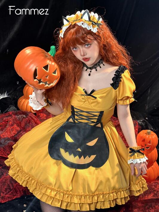 ハロウィン コスプレ 仮装 大人 ハロウィンワンピース オレンジ カボチャドレス 悪魔 魔女 妖精 コスチューム ハロウィン元素 メイド服 コスプレ衣装 3点セット