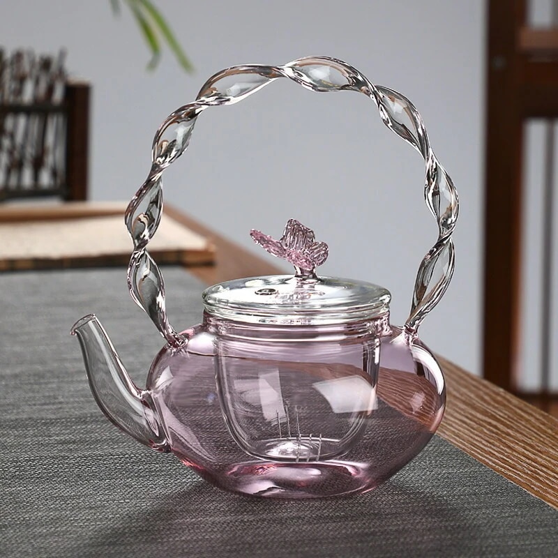 ティーポット 大容量 おしゃれ 茶こし付き 700ml 手作り 耐熱ガラス 茶こし付き ジャンピング 紅茶ポット フルーツ リーフ 花茶 工芸茶 ハーフ 直火可 大容量美しい女の子のハート蝶ピンクのガ
