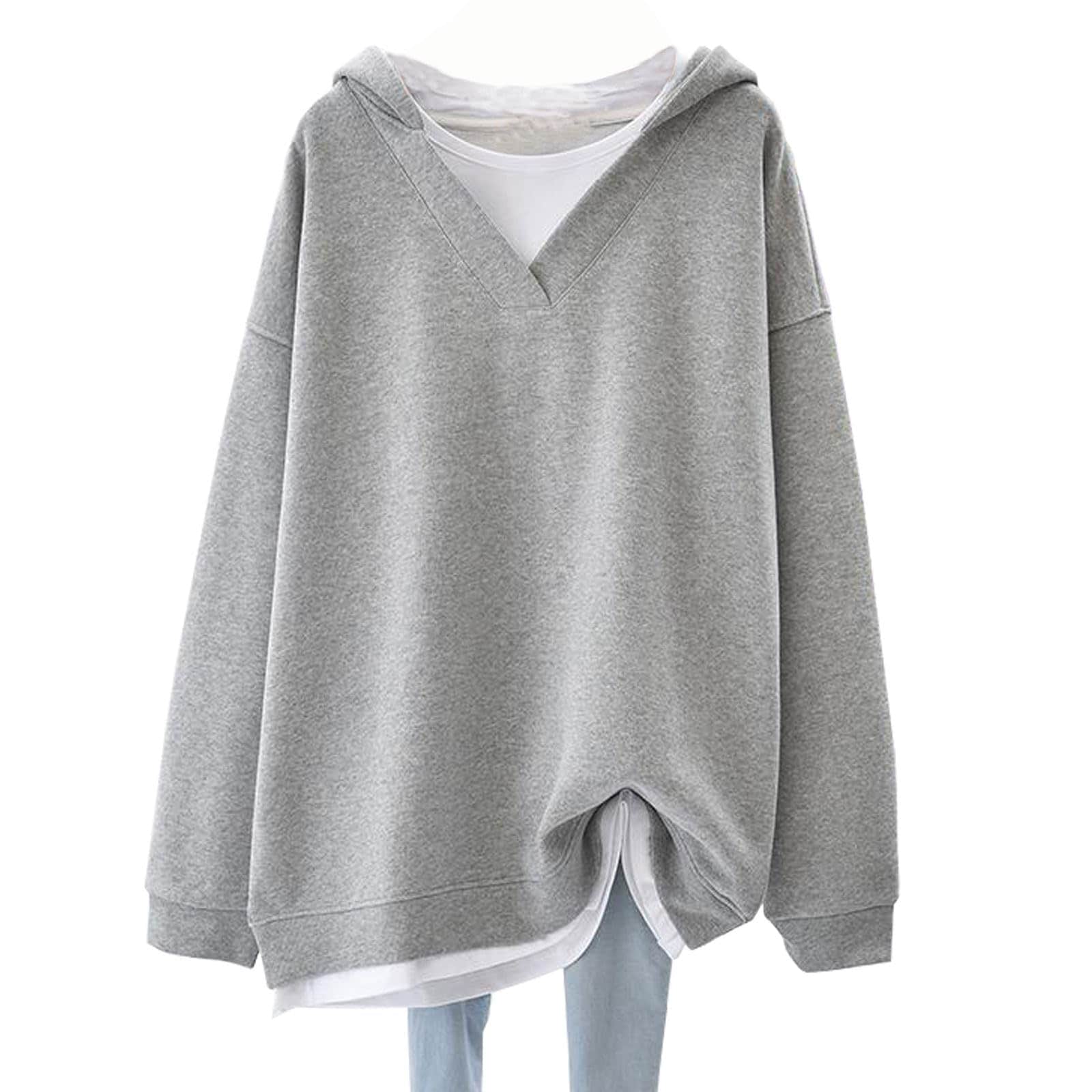 [MaadeaNoeTe] パーカー レディース トレーナー スウェット 切り替え 長袖 重ね着風 快適 トップス ゆったり フード付き シンプル 体型カバー 着痩せ 無地 韓国 ファッション 通勤