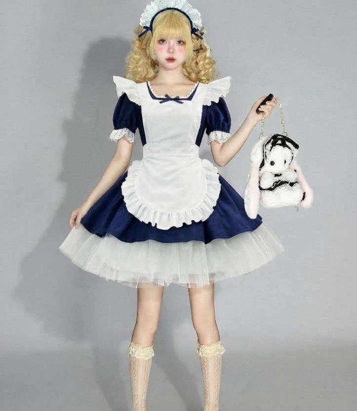 迅速な出荷 ショート丈 メイド服 大人 レディース 半袖 ミニ丈 メイド服 ネイビー メイドコスチューム ミニ ワンピース スクエアネック エプロンドレス 喫茶店 カフェー 制服 ウェイトレス ゴスロ