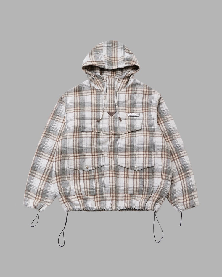 【THE MUSEUM VISITOR】 LEATHER ELBOW PATCH CHECK ANORAK : BEIGE