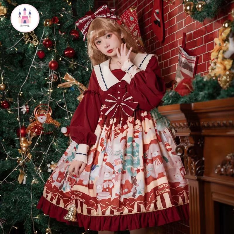 クリスマスベアロリータ正規スカートopオリジナル甘系キュートハイウエストクリスマスロリータ洋装プリンセススカート