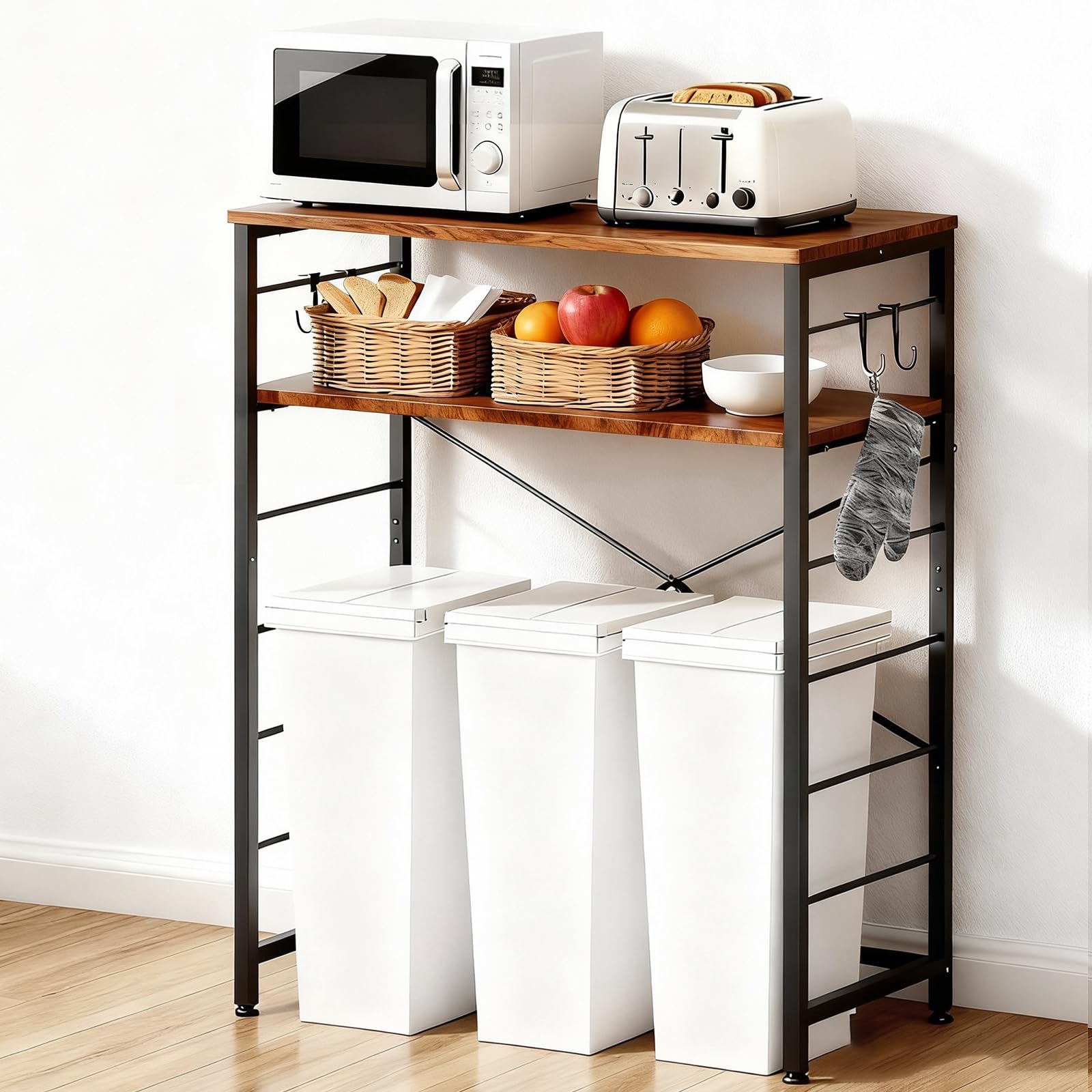 ゴミ箱上ラック 幅80×奥行40×高さ100cm キッチンラック 5段可動棚 レンジラック 炊飯器 ゴミ箱上収納 頑丈設計 耐荷重75KG キッチンカウンター フック×4個 (ブラウン)