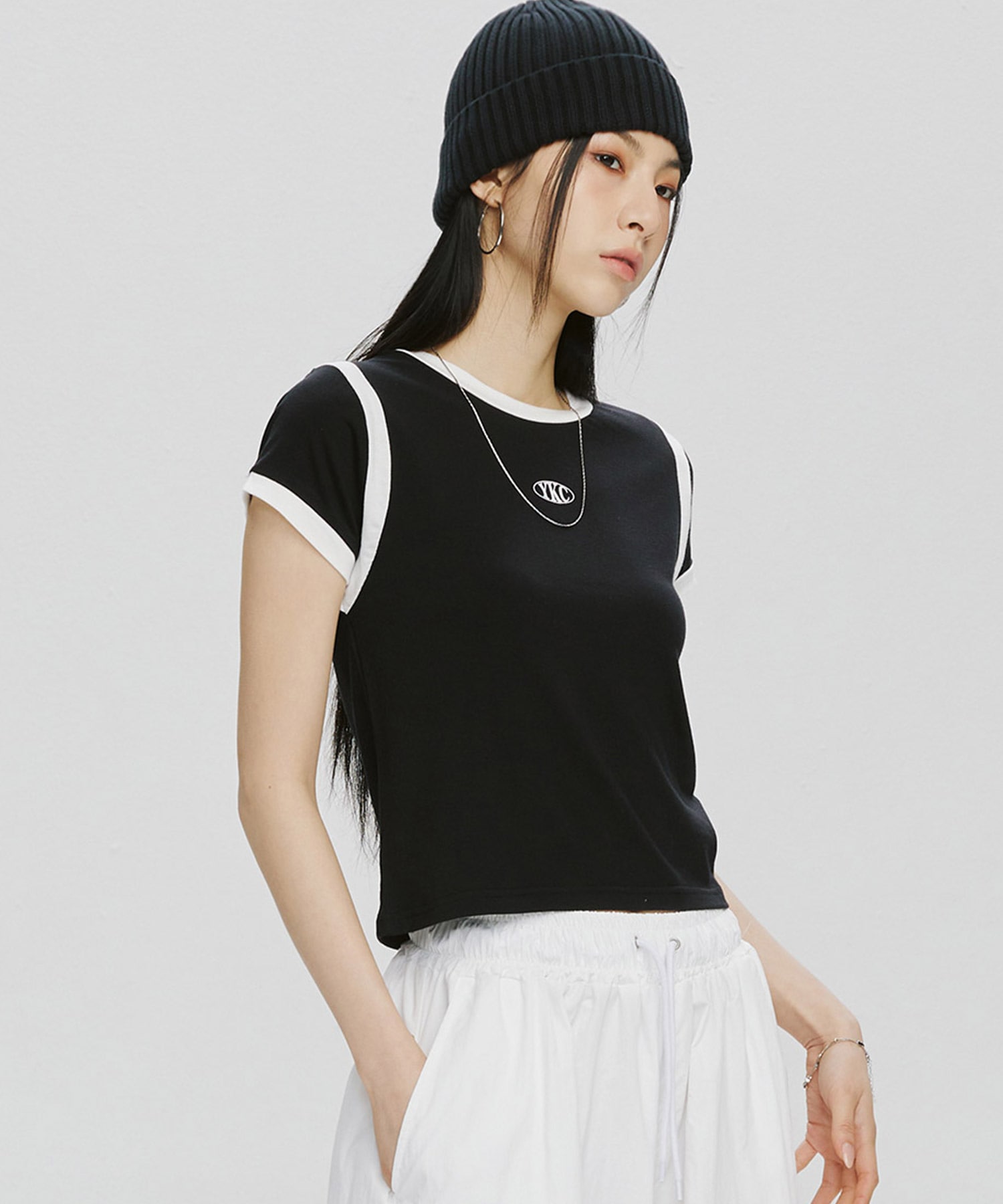 YK Oval Slim Crop Tee-Black
