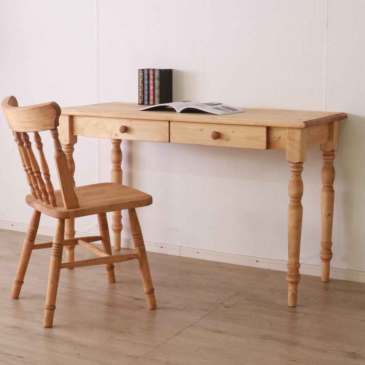 ワークデスク 引き出し付き 幅120cm 天然木 カントリー調 デスク リビング 机 引き出し 収納 北欧 木製 パイン材 パイン 無垢 北欧風 ナチュラル 木目調