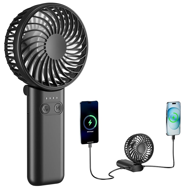 即納：HandFan 携帯扇風機 ハンディファン 5200mAhモバイルバッテリー 手持ち扇風機 小型 静音 USB充電式 ハンディ扇風機 強力 Type-C 最大27時間動作 5段階速度 180折