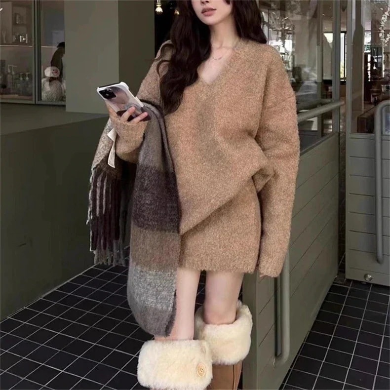 人气作セットアップ涼しく楽ちんセットアップセーターセットカーディガンニットスーツレディース厚Vネックトップスファッション二点セット