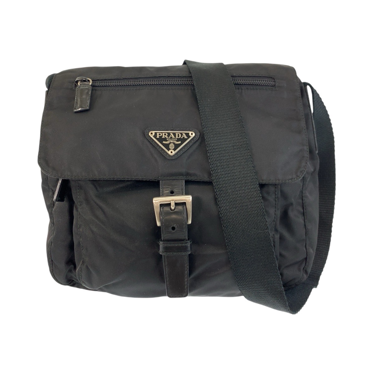 美品 テスート 三角ロゴプレート ブラック 黒 シルバー金具 ナイロン/レザー ショルダーバッグ ポシェット レディース 502394