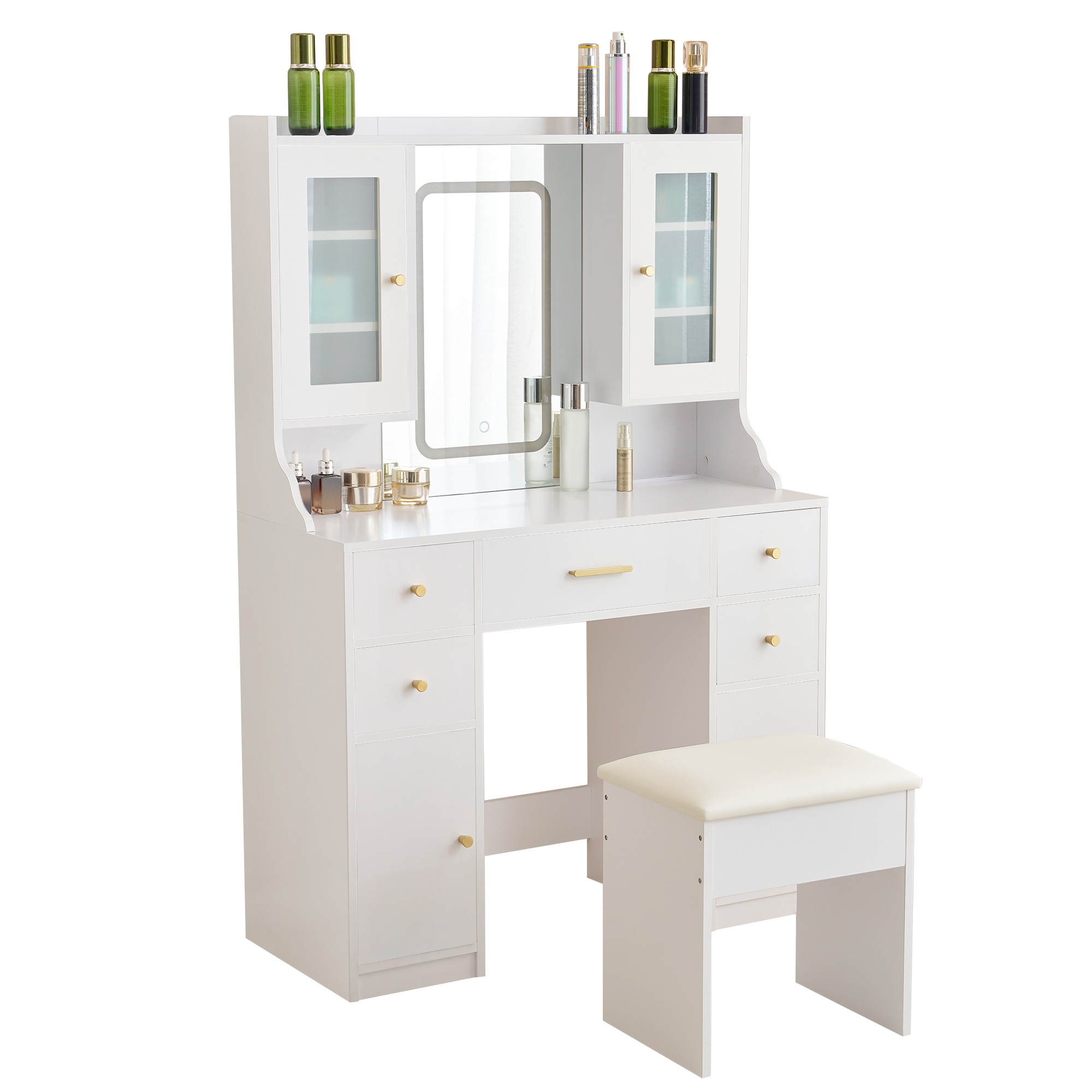 【国内発送&送·料·無·料】ドレッサー テーブル 化粧台 ライト付き コンセント付き 鏡台 引き出し 女優ミラー 3色LED 収納 セット 椅子 メイク台 サイド収納 シンプル 大容量 可愛い2123