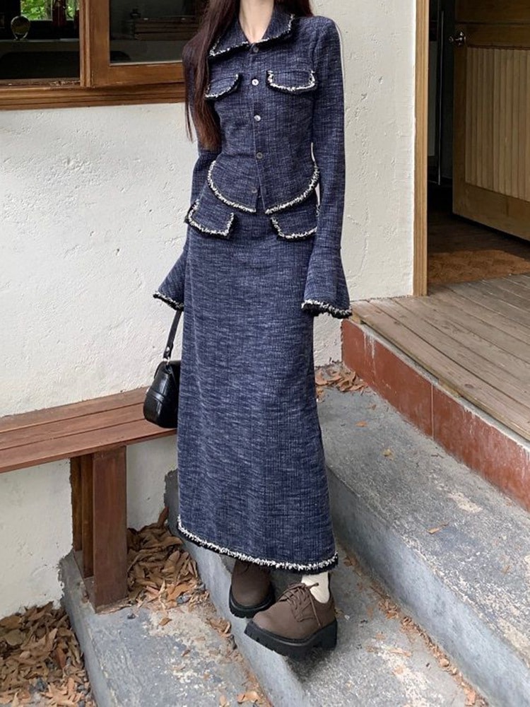 フレンチスタイルの洗練された春と秋のレディースツーピースセット：フィットしたウエストフレアの長袖ジャケットスリミングロングスカート