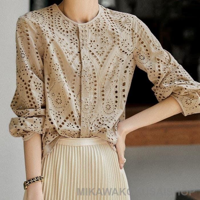 パンチングレース お出かけ 春秋 カジュアル レディース 30代 50代 40代 上品 長袖 きれいめ ラウンドネック トップス 旅行 フォーマル ブラウス 通勤 お呼ばれ