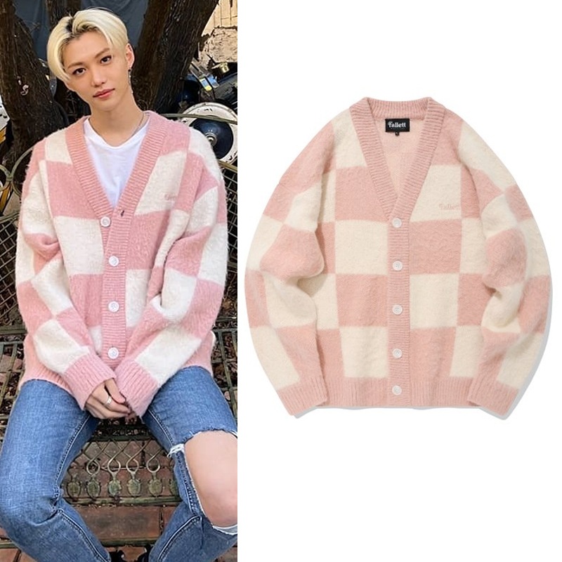 straykidsフィリックス着用 チェッカーボード モヘア ニット カーディガン