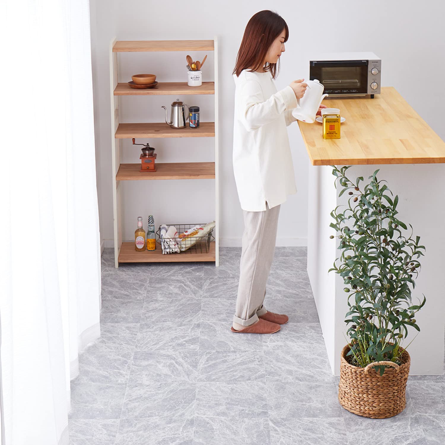 萩原 クッションフロア キッチンマット (約60×270cm,ロック) 水拭きできる 抗菌 防カビ 抗ウイルス 防炎 滑り止めシール付き カットOK 日本製
