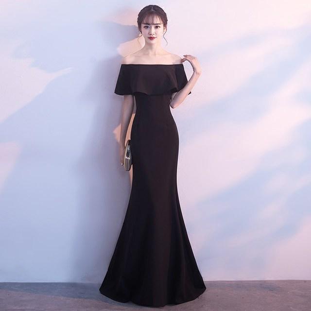 [新品入荷]黒 マーメイドドレス ボートネック オフショルダー トレーン イブニングドレス 20代 30代 40代 二次会ドレス ロングドレス パーティー