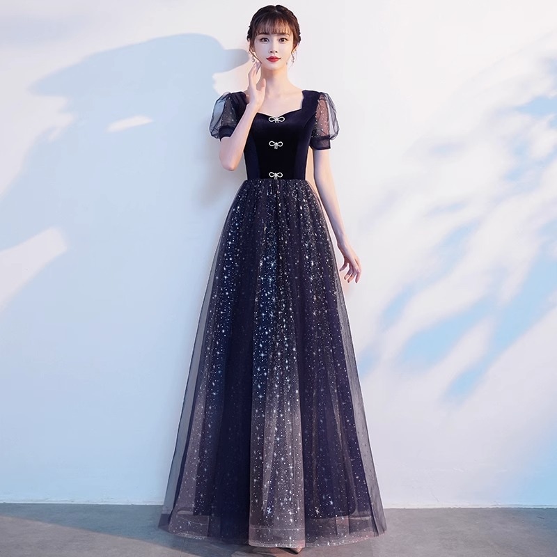 ブラックイブニングドレス女宴会星空団演出宴会司会者ワンピース気品長
