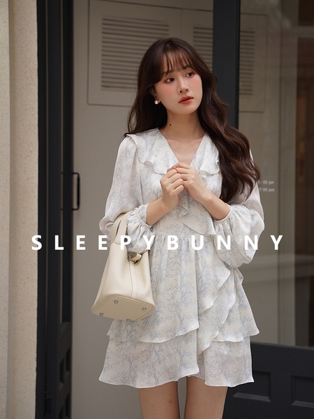 Sleepy Rabbit Duidui VネックAライン長袖シフォンワンピース