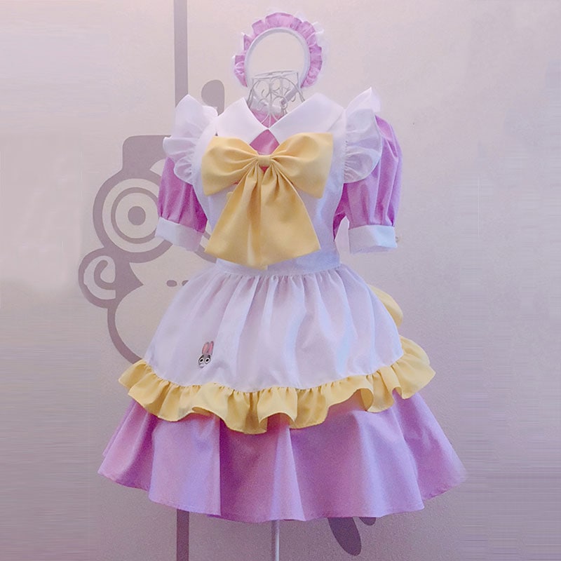 メイド服　可愛い　荷葉フリル　４点セット　姫風　紫色カチューシャコスチューム