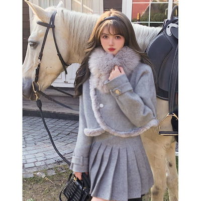 小さな気質のウールのステッチのプラッシュ ショート コート ハイ ウエスト プリーツ スカート