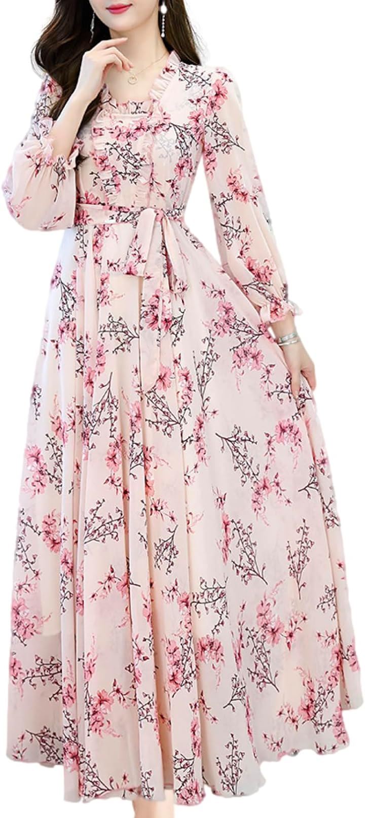 ワンピース レディース 春 秋 ロング きれいめ Aライン 花柄 フリル スクエアネック BN229 PNK( ピンク, 2XL)