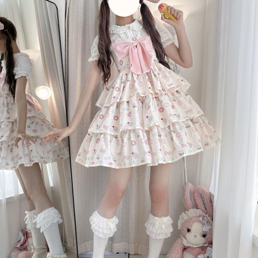ロリータ服 ロリータワンピース 2点セット 可愛いジャンパースカート プリンセスドレス お姫様ワンピース 甘ロリータ 甘ロリ デザート柄 プリント スウィート