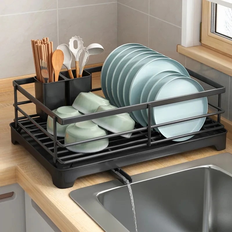 排水バスケット付きキッチン調理器具ラック乾燥ラックカウンタートップ食器オーガナイザーキッチン収納ツール新品