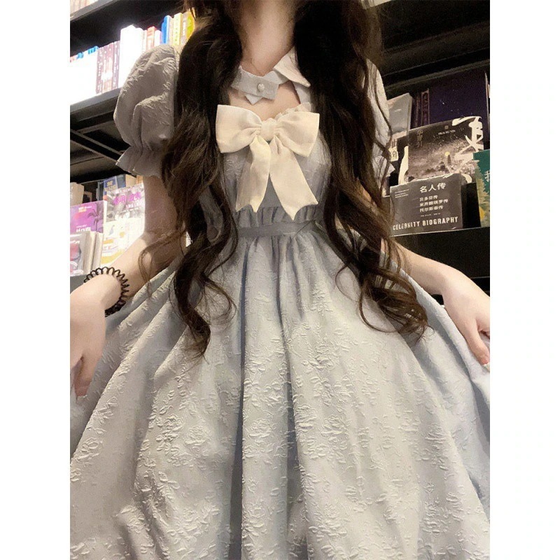 優しいブルーのパフスリーブドレスレディースサマーヴィンテージ逃亡者プリンセスチュチュスカート