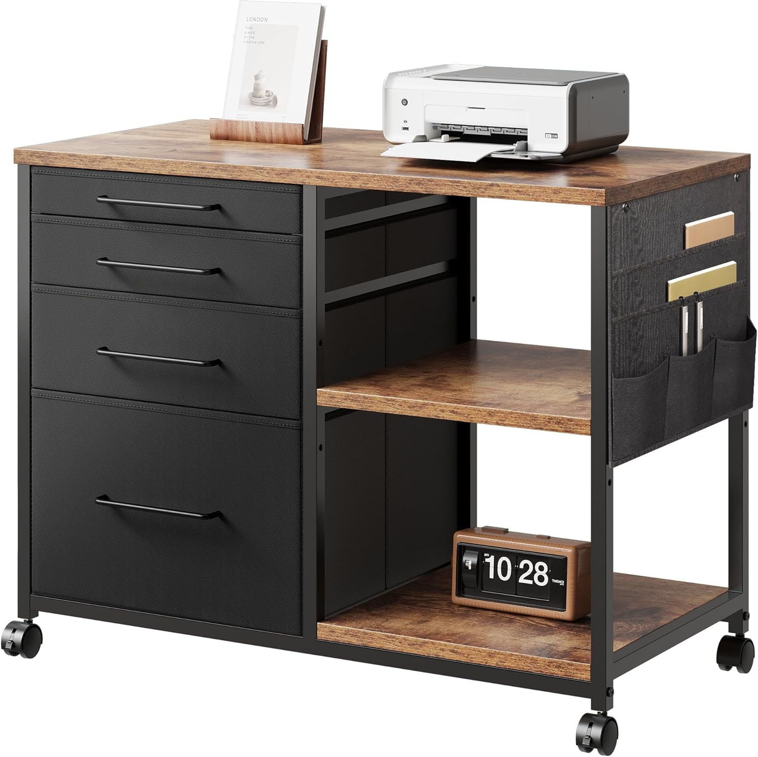YeTom サイドキャビネット デスクワゴン 樹脂 布製 袖机 層板付き 4段 オフィスワゴン A4対応 プリンター台 大容量 キャスター付き デスク下収納 幅750*奥行400*高さ650mm ビン