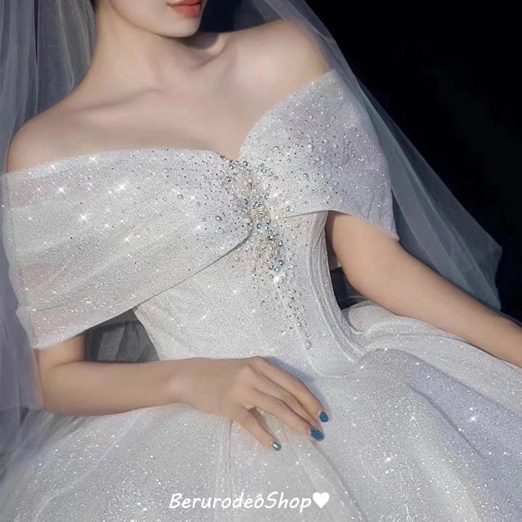 ウェディングドレス オフショルダー ロングドレス 海外挙式 白 花嫁ドレス スパンコール キラキラ キレイめ 結婚式ドレス 二次会ドレス Aライン ウェディングドレス 袖あり S M L XL XXL